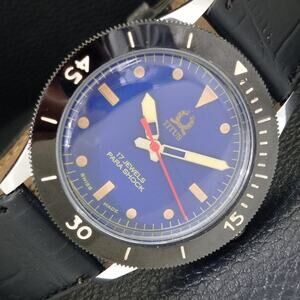 Vintage 1975 Titus Manual Mens Silver Watch W/Leather Strap & Blue accents